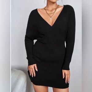 Small Medium Womens Sweater Dress Black Ribbed Long Sleeve Fall Winter Surplice